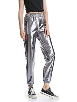 Women Metallic Glossy Shinny Hip-Hop Sweatpant Pants Casual Holographic Jogger Holographic Trousers