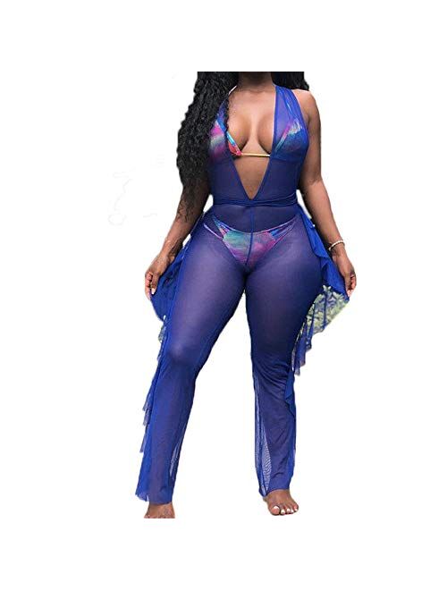 Multitrust Sexy Women See Through Mesh Deep V Neck Ruffle Swimsuit Cover Up Jumpsuit Bikini Cover-up