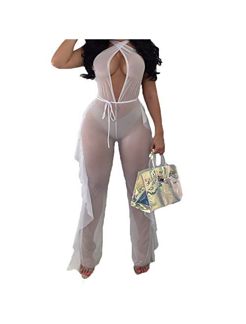 Multitrust Sexy Women See Through Mesh Deep V Neck Ruffle Swimsuit Cover Up Jumpsuit Bikini Cover-up