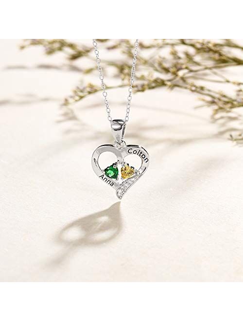 Lam Hub Fong Personalized Love Heart Silver-Tone Pendant Name Necklace with Cubic Zirconia Birthstone