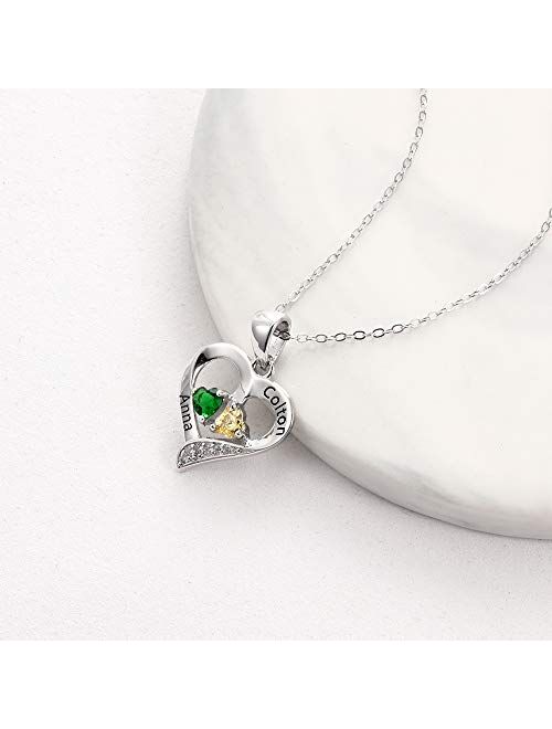 Lam Hub Fong Personalized Love Heart Silver-Tone Pendant Name Necklace with Cubic Zirconia Birthstone