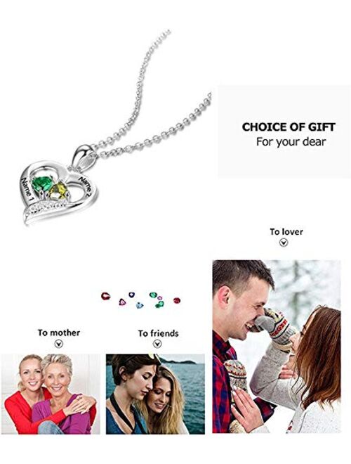 Lam Hub Fong Personalized Love Heart Silver-Tone Pendant Name Necklace with Cubic Zirconia Birthstone