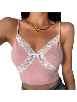 Sexy Women Lack V Neck Strappy Crop Tank Tops Camisole Y2k Tops Patchwork Backless Streetwear Crop Cami Shirts