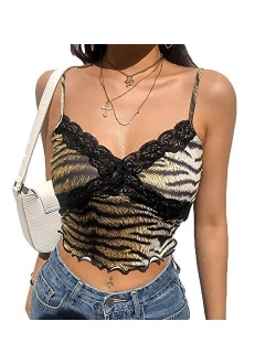 Sexy Women Lack V Neck Strappy Crop Tank Tops Camisole Y2k Tops Patchwork Backless Streetwear Crop Cami Shirts