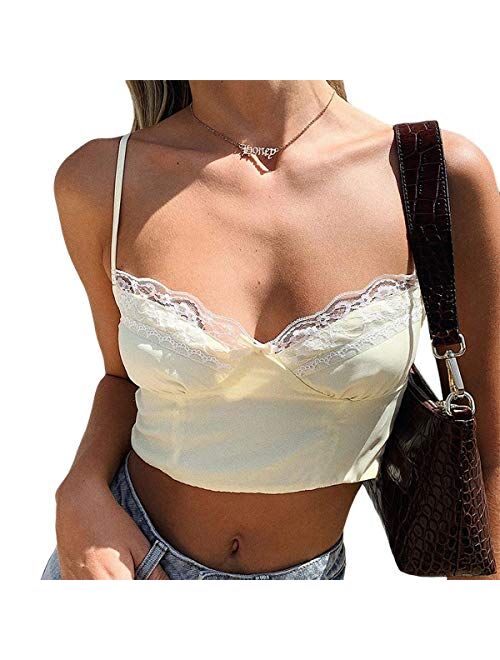 Multitrust Sexy Women Lack V Neck Strappy Crop Tank Tops Camisole Y2k Tops Patchwork Backless Streetwear Crop Cami Shirts