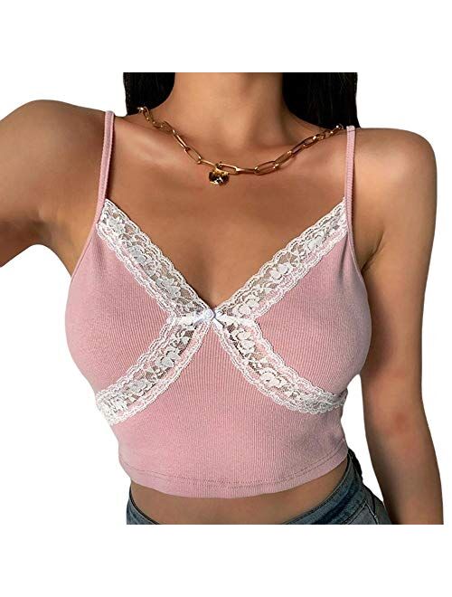 Multitrust Sexy Women Lack V Neck Strappy Crop Tank Tops Camisole Y2k Tops Patchwork Backless Streetwear Crop Cami Shirts