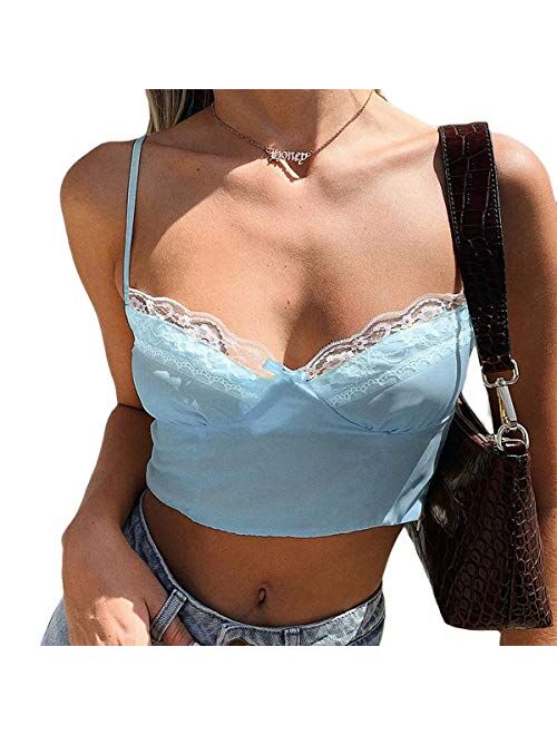 Multitrust Sexy Women Lack V Neck Strappy Crop Tank Tops Camisole Y2k Tops Patchwork Backless Streetwear Crop Cami Shirts