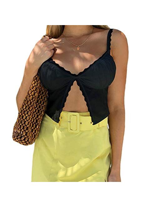 Multitrust Sexy Women Lack V Neck Strappy Crop Tank Tops Camisole Y2k Tops Patchwork Backless Streetwear Crop Cami Shirts