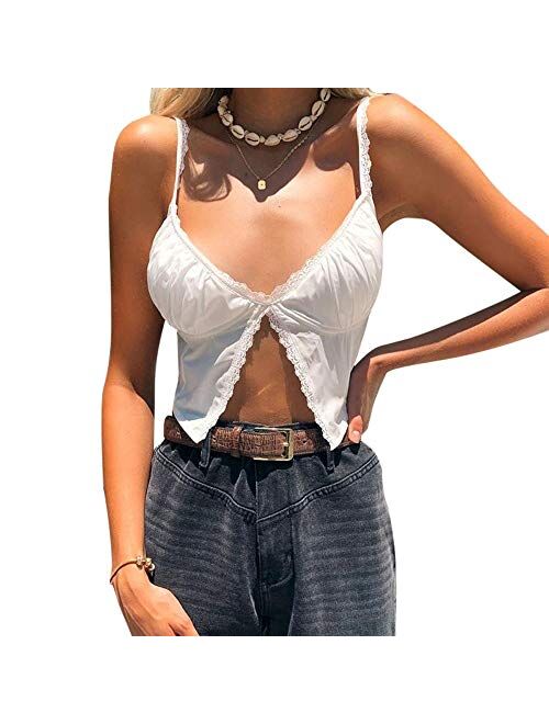 Multitrust Sexy Women Lack V Neck Strappy Crop Tank Tops Camisole Y2k Tops Patchwork Backless Streetwear Crop Cami Shirts