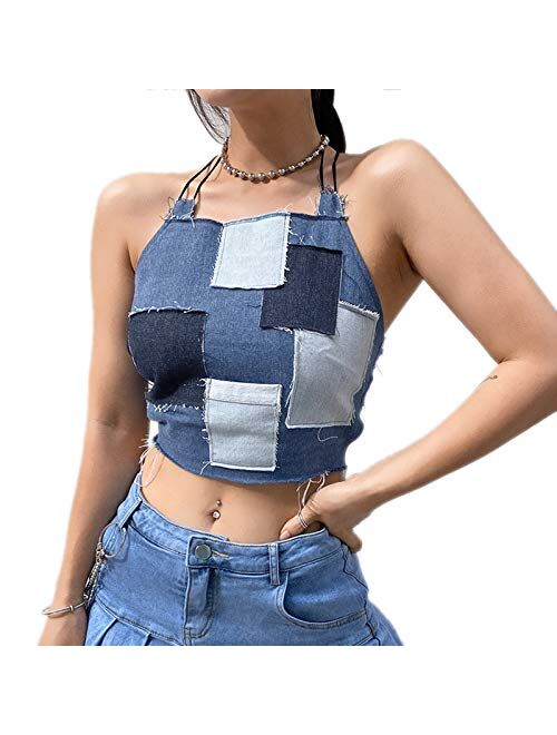 Multitrust Sexy Women Lack V Neck Strappy Crop Tank Tops Camisole Y2k Tops Patchwork Backless Streetwear Crop Cami Shirts