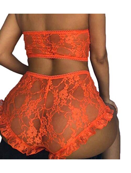 Multitrust Sexy Women Lace Lingerie Set 2PCS See Through Tube Tops Wrap Bra and Panty Sets Valentines Day Babydoll Pajamas Sleepwear