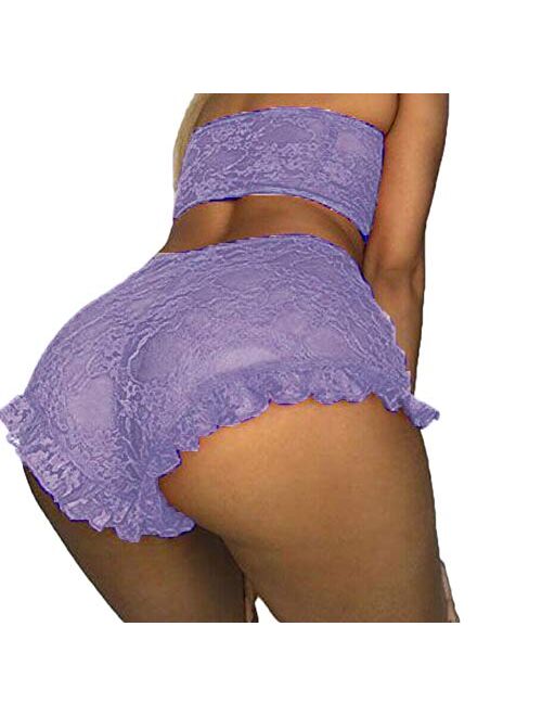 Multitrust Sexy Women Lace Lingerie Set 2PCS See Through Tube Tops Wrap Bra and Panty Sets Valentines Day Babydoll Pajamas Sleepwear