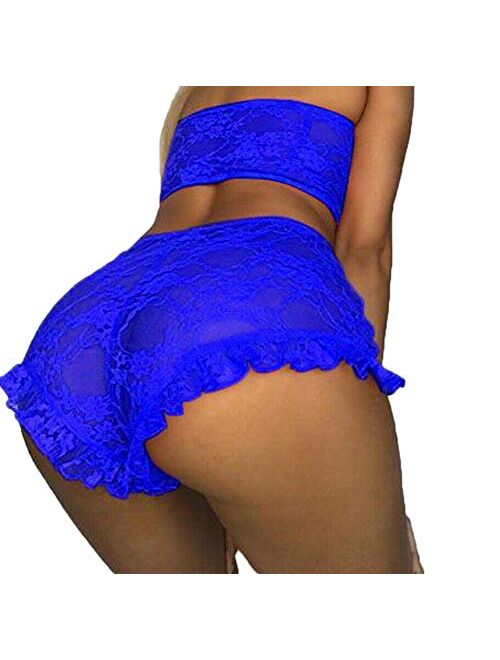 Multitrust Sexy Women Lace Lingerie Set 2PCS See Through Tube Tops Wrap Bra and Panty Sets Valentines Day Babydoll Pajamas Sleepwear