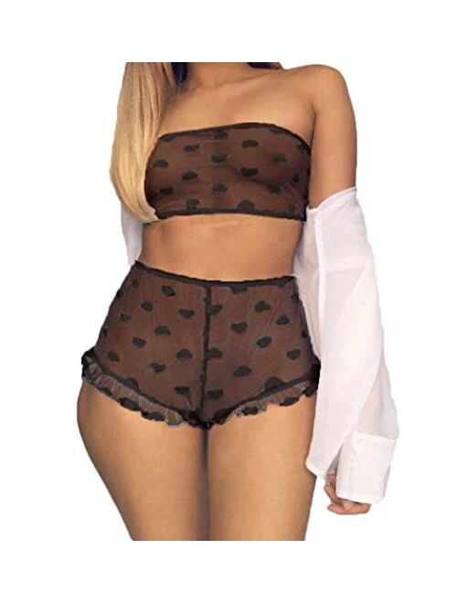 Multitrust Sexy Women Lace Lingerie Set 2PCS See Through Tube Tops Wrap Bra and Panty Sets Valentines Day Babydoll Pajamas Sleepwear