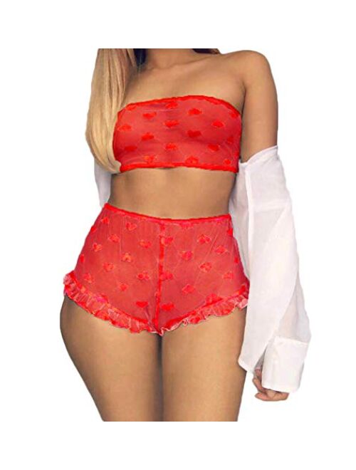 Multitrust Sexy Women Lace Lingerie Set 2PCS See Through Tube Tops Wrap Bra and Panty Sets Valentines Day Babydoll Pajamas Sleepwear