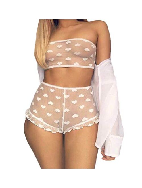 Multitrust Sexy Women Lace Lingerie Set 2PCS See Through Tube Tops Wrap Bra and Panty Sets Valentines Day Babydoll Pajamas Sleepwear