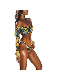 Women Two Piece Floral Print Long Sleeve Bikini Set Swimsuit High Waisted Bottom Bathing Suit