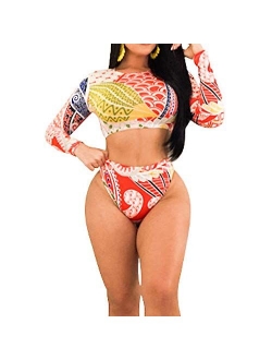 Women Two Piece Floral Print Long Sleeve Bikini Set Swimsuit High Waisted Bottom Bathing Suit