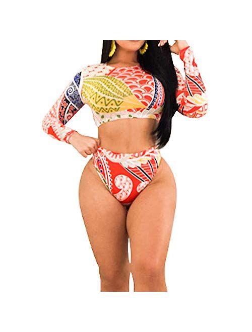 Multitrust Women Two Piece Floral Print Long Sleeve Bikini Set Swimsuit High Waisted Bottom Bathing Suit