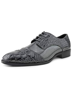 Bolano Bandit Men's Oxford Dress Shoes - Croc Folded Cap Toe Formal Dress Shoes for Men with Alligator Print and EEL Skin Trim - Designer Formal Shoes with Lace Tie