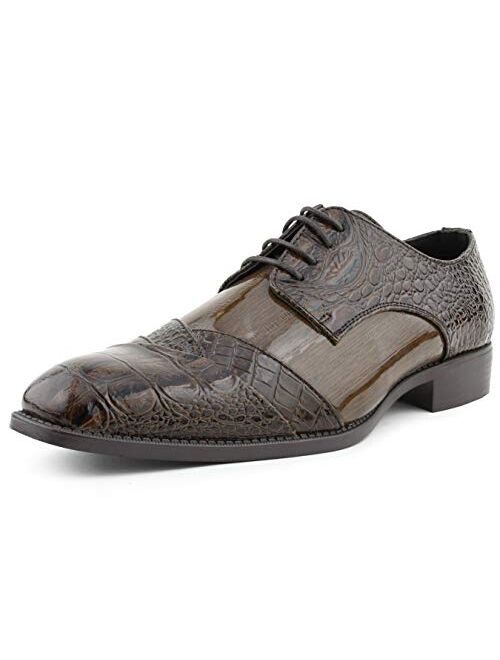 Bolano Bandit Men's Oxford Dress Shoes - Croc Folded Cap Toe Formal Dress Shoes for Men with Alligator Print and EEL Skin Trim - Designer Formal Shoes with Lace Tie