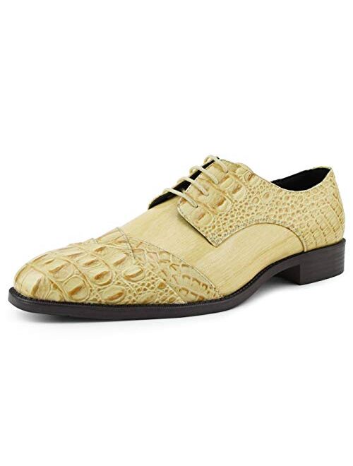 Bolano Bandit Men's Oxford Dress Shoes - Croc Folded Cap Toe Formal Dress Shoes for Men with Alligator Print and EEL Skin Trim - Designer Formal Shoes with Lace Tie