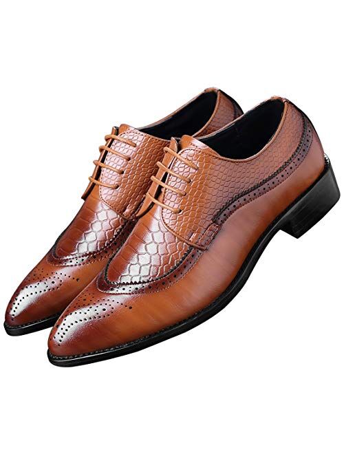 Santimon Oxford Shoes Men Brogue Pointed Toe Wingtip Lace-up Leather Formal Dress Shoes Black Tan Red