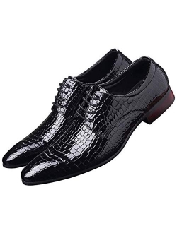 Oxford Dress Shoes Men Pointed-Toe Italy Alligator Patent Leather Lace-up Wedding Formal Derby Shoes