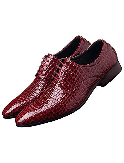 Oxford Dress Shoes Men Pointed-Toe Italy Alligator Patent Leather Lace-up Wedding Formal Derby Shoes