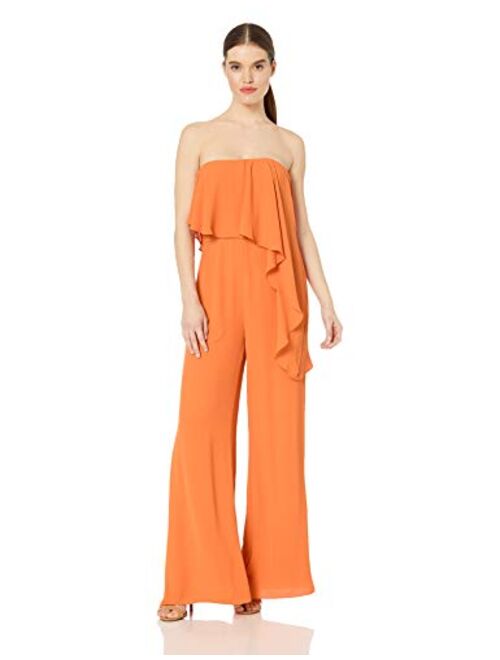 HALSTON Women's Strapless Wide Leg Jumpsuit with Flounce Overlay