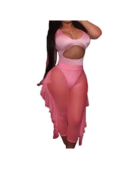 Women Sexy See Through Ruffle Mesh Sheer Swim Cropped Pants Bikini Bottom Cover up