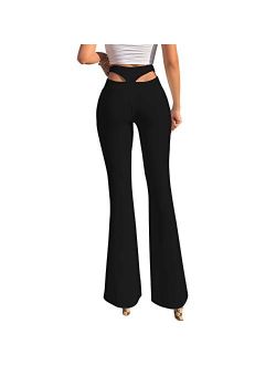 Women High Waisted Hallow Out Bell Bottom Pants Wide Leg Stretch Yoga Exercise Pants Workout Trousers