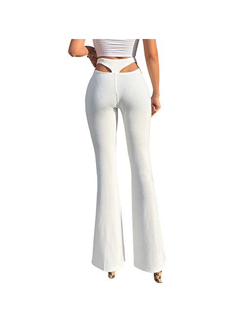 Multitrust Women High Waisted Hallow Out Bell Bottom Pants Wide Leg Stretch Yoga Exercise Pants Workout Trousers