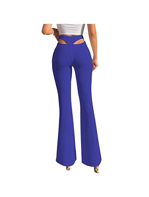 Multitrust Women High Waisted Hallow Out Bell Bottom Pants Wide Leg Stretch Yoga Exercise Pants Workout Trousers