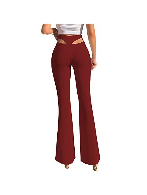 Multitrust Women High Waisted Hallow Out Bell Bottom Pants Wide Leg Stretch Yoga Exercise Pants Workout Trousers