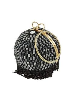 Dazzling Crystal Tassel Women Evening Bag Round Wedding Cocktail Wristlets Handbag Purse