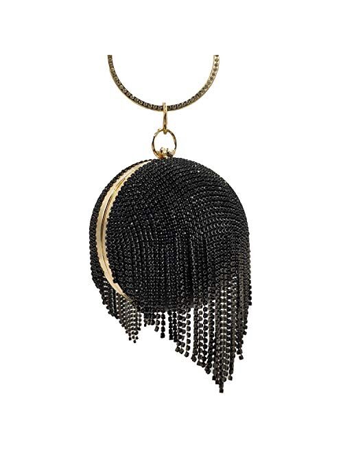 Boutique De FGG Dazzling Crystal Tassel Women Evening Bag Round Wedding Cocktail Wristlets Handbag Purse