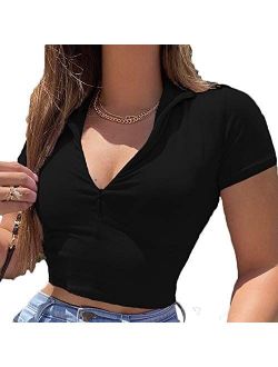 Women Girls Solid Basic Zip up Crop T Shirts Tops Stand Collar Y2K Fashion E-Girl Short Sleeve Tee Top