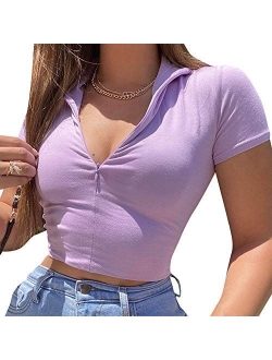 Women Girls Solid Basic Zip up Crop T Shirts Tops Stand Collar Y2K Fashion E-Girl Short Sleeve Tee Top