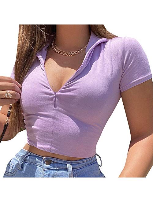 Multitrust Women Girls Solid Basic Zip up Crop T Shirts Tops Stand Collar Y2K Fashion E-Girl Short Sleeve Tee Top