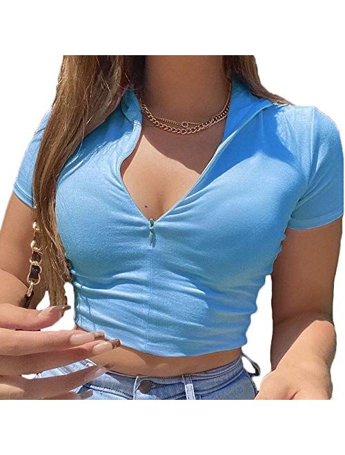 Multitrust Women Girls Solid Basic Zip up Crop T Shirts Tops Stand Collar Y2K Fashion E-Girl Short Sleeve Tee Top