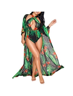 Sexy Women Two Piece Floral Deep V One Piece Swimsuit and Kimono Cover Up Bathing Suit Beach Swimwear Cover-up