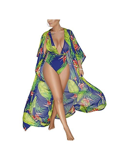 Multitrust Sexy Women Two Piece Floral Deep V One Piece Swimsuit and Kimono Cover Up Bathing Suit Beach Swimwear Cover-up