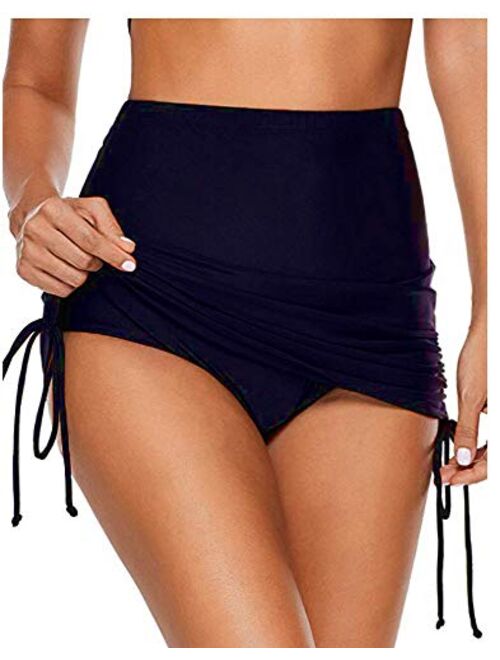 Multitrust Women Shirred High Waisted Swim Skirt Ruched Skirted Bikini Swimsuit Bottom Beachwear