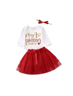 Infant Baby Girl My 1st Valentines Day Bodysuit Romper and Tutu Skirt with Headband Outfits