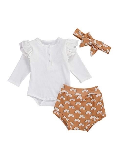 Infant Baby Girls Orangnic Cotton Ruffled Sleeve Bodysuit Tops   Floral Shorts Baby Girl Clothes Set