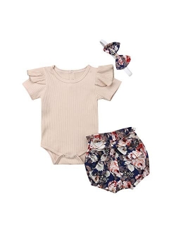 Infant Baby Girls Orangnic Cotton Ruffled Sleeve Bodysuit Tops   Floral Shorts Baby Girl Clothes Set