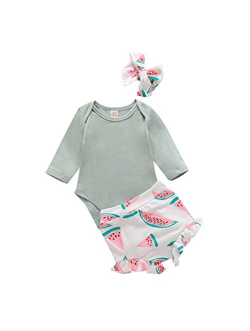 Multitrust Infant Baby Girls Orangnic Cotton Ruffled Sleeve Bodysuit Tops + Floral Shorts Baby Girl Clothes Set
