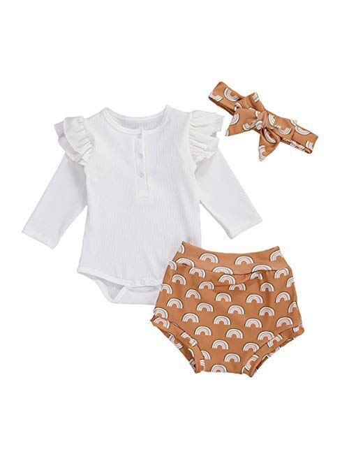 Multitrust Infant Baby Girls Orangnic Cotton Ruffled Sleeve Bodysuit Tops + Floral Shorts Baby Girl Clothes Set