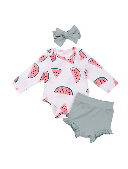 Multitrust Infant Baby Girls Orangnic Cotton Ruffled Sleeve Bodysuit Tops + Floral Shorts Baby Girl Clothes Set